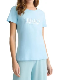 T-shirt con stampa del logo sul petto celeste