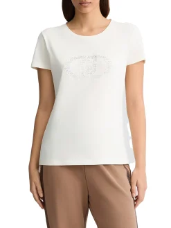 T-shirt con stampa del logo in strass sul petto bianco