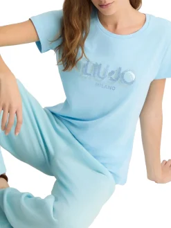 T-shirt con stampa del logo sul petto celeste