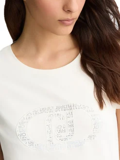 T-shirt con stampa del logo in strass sul petto bianco