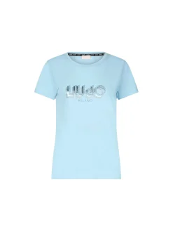 T-shirt con stampa del logo sul petto celeste