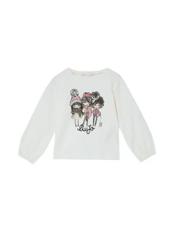 T-shirt con stampa e strass bianco