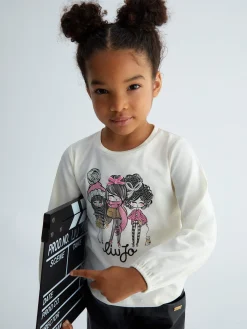 T-shirt con stampa e strass bianco