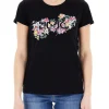 T-shirt con stampa floreale con strass nero