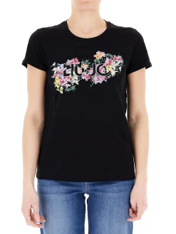 T-shirt con stampa floreale con strass nero