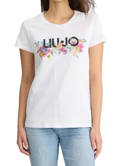 T-shirt con stampa floreale con strass bianco