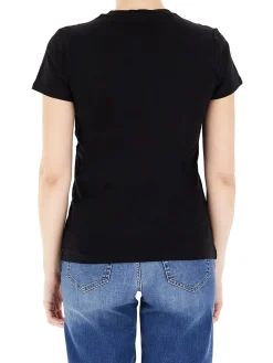 T-shirt con stampa floreale con strass nero