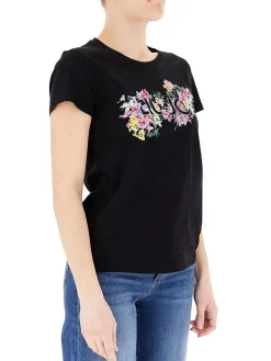 T-shirt con stampa floreale con strass nero