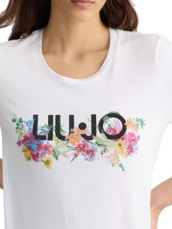 T-shirt con stampa floreale con strass bianco