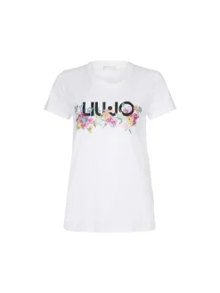T-shirt con stampa floreale con strass bianco