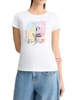 T-shirt con stampa "New York" con strass bianco