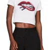 T-shirt in jersey di cotone washed Slim fit crop con stampa labbra bia