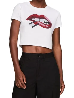T-shirt in jersey di cotone washed Slim fit crop con stampa labbra bia