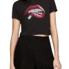 T-shirt in jersey di cotone washed Slim fit crop con stampa labbra ner