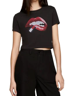 T-shirt in jersey di cotone washed Slim fit crop con stampa labbra ner