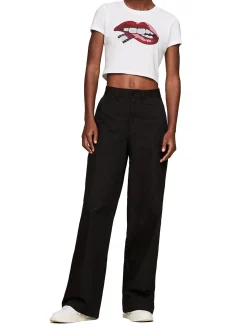 T-shirt in jersey di cotone washed Slim fit crop con stampa labbra bia