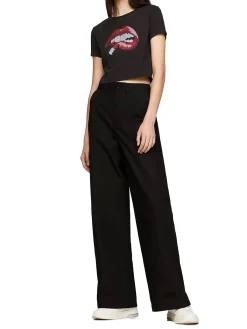 T-shirt in jersey di cotone washed Slim fit crop con stampa labbra ner