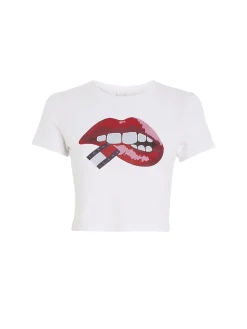T-shirt in jersey di cotone washed Slim fit crop con stampa labbra bia