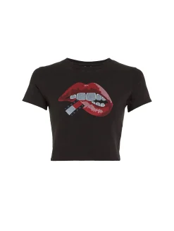 T-shirt in jersey di cotone washed Slim fit crop con stampa labbra ner