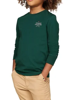 T-shirt kids a maniche lunghe con logo sul petto verde