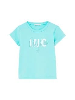 T-shirt logo frontale strass celeste