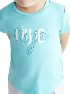 T-shirt logo frontale strass celeste