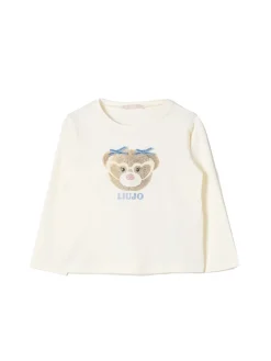 T-shirt manica lunga con orsetto e fiocchetti bianco