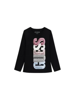 T-shirt manica lunga con scritta patch nero