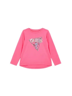 T-shirt manica lunga logo paillettes fucsia