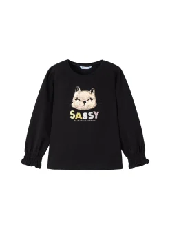 T-shirt manica lunga ricamo gatto nero