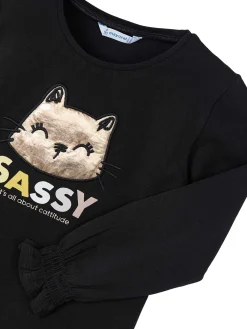 T-shirt manica lunga ricamo gatto nero