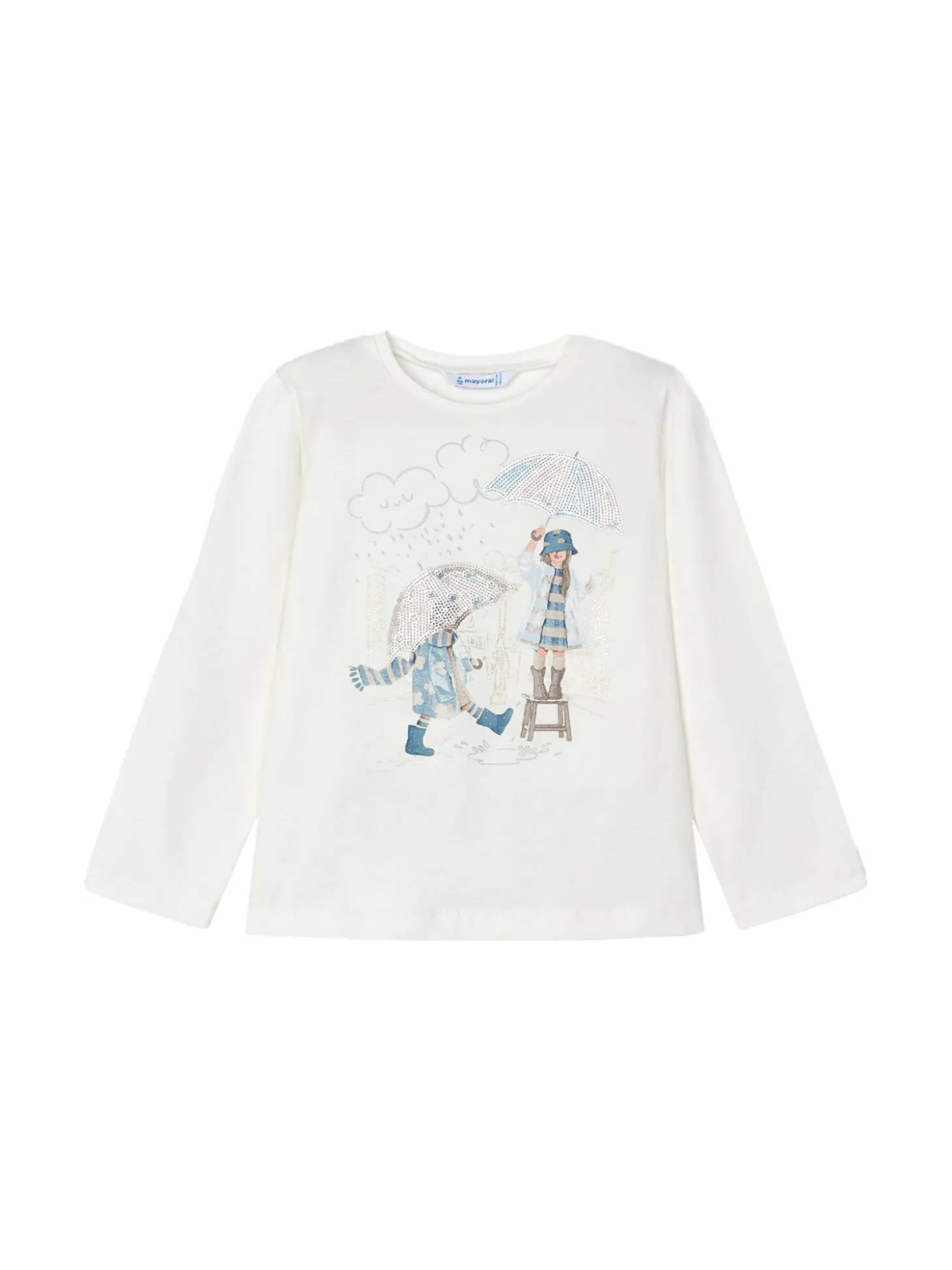 T-shirt manica lunga stampa rain panna/azzurro