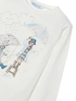 T-shirt manica lunga stampa rain panna/azzurro