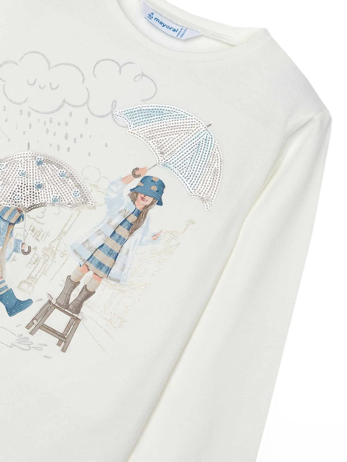 T-shirt manica lunga stampa rain panna/azzurro
