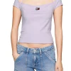 T-shirt slim fit scollo americano badge strap lilla