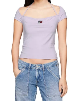T-shirt slim fit scollo americano badge strap lilla