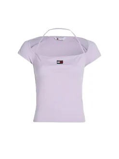 T-shirt slim fit scollo americano badge strap lilla