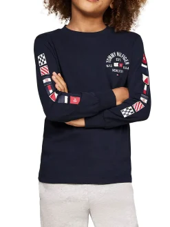 T-shirt teen a maniche lunghe con bandierine blu