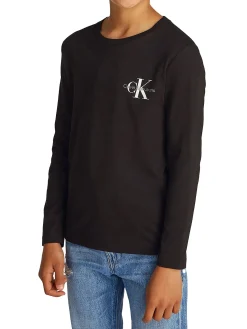 T-shirt teen a maniche lunghe logo sul petto nero