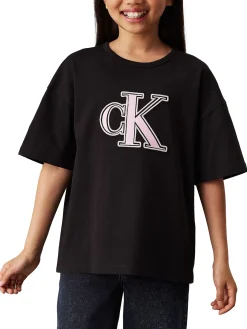 T-shirt teen logo monogram flock boxy nero