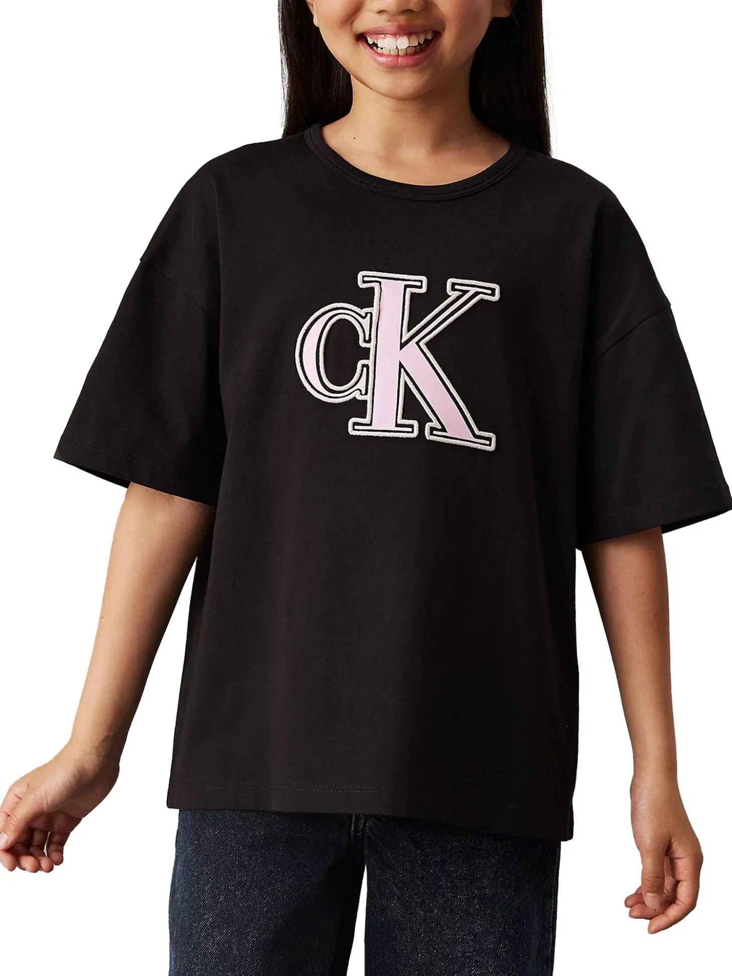 T-shirt teen logo monogram flock boxy nero